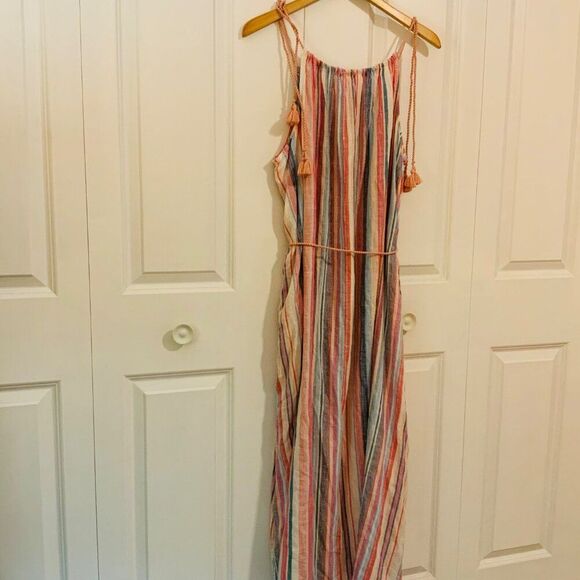 Time and Tru Women's Coral Stripe Tie Shoulder Linen Blend Maxi Dress XL New - Picture 10 of 13